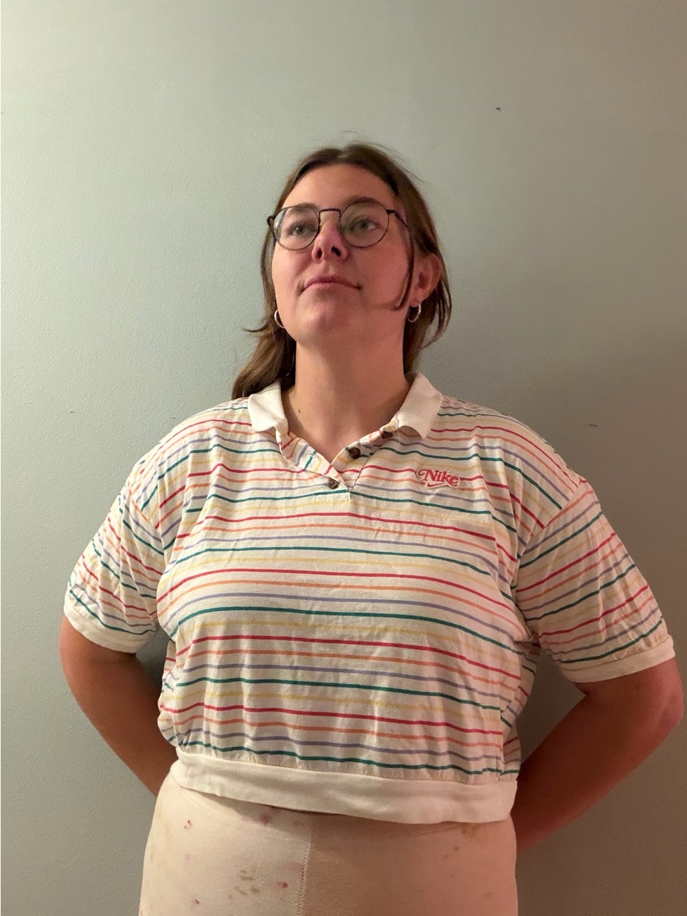 Nike Striped Crop Polo in White with Multicolor Stripes